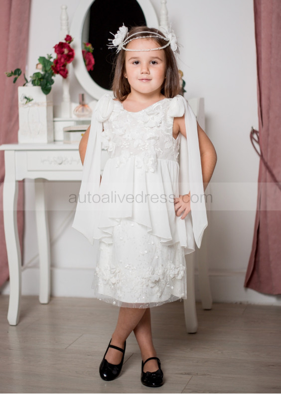 Beaded White Lace Chiffon Peplum Flower Girl Dress